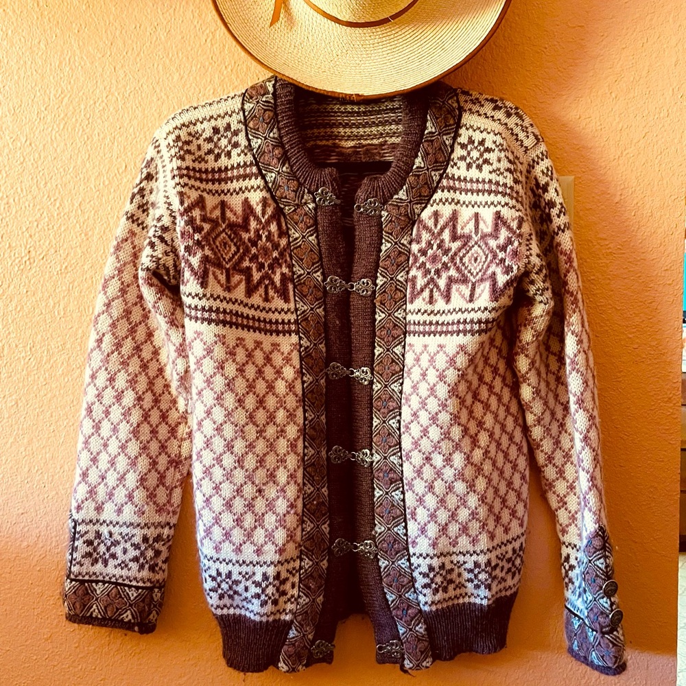 Dale of Norway Cream and Brown Nordic Wool Cardigan with Decorative Clasps